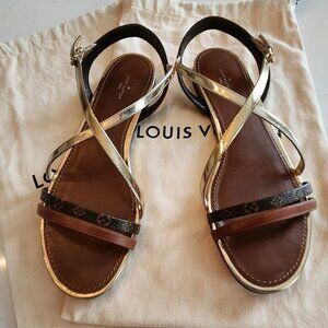 Louis Vuitton Gold Monogram Landscape Sandals, Authentic